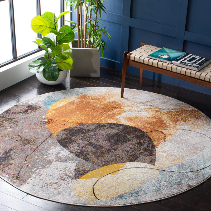 Papillon Abstract Gray/Brown/Teal Area Rug, Round 6'5"