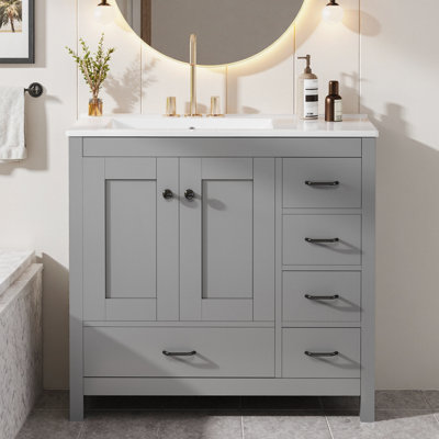 Meuble-lavabo gris 36 po avec lavabo en céramique, 2 portes à fermeture douce et 5 tiroirs, armoire de rangement en bois massif et panneau de fibres à densité moyenne
