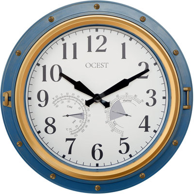 16 Inch Indoor Outdoor Clock, Waterproof Wall Clock with Thermometer Hygrometer, Silent Non-Ticking Battery Operated Decor for Home Decor, Patio(Blue)