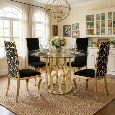 Anouk 47.2"Round Glass Dining Table Set For 4, Modern Dining Set For Small Space, Kitchen, Dining Room & Apartment, Tempered Glass Table With Stainless Steel Legs And Comfortable Metal Polyester Chairs, Gold, Black