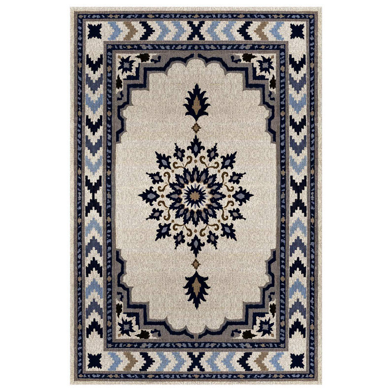 Lydia Collection Digital Print Cotton-Polyester Beige Navy Blue Moroccan Rug, Runner 3'4" x 9'11"