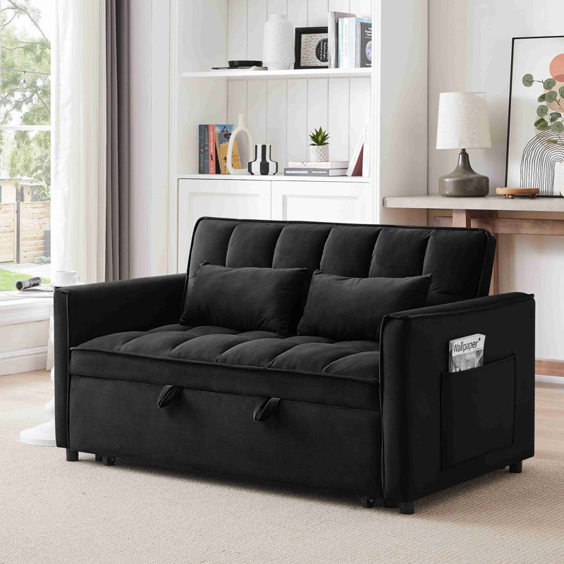 55.1-Inch 3-In-1 Convertible Sofa Bed, Modern Velvet Double Sofa Futon Sofa Bed With Adjustable Back, Storage Bag And Pillow, For Living Room, Bedroom