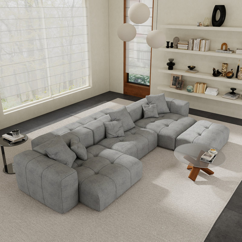 Kay Crumley 6-Piece Upholstered Boneless Modern Linen Fabric Sectional Sofa With Ottoman, Gray