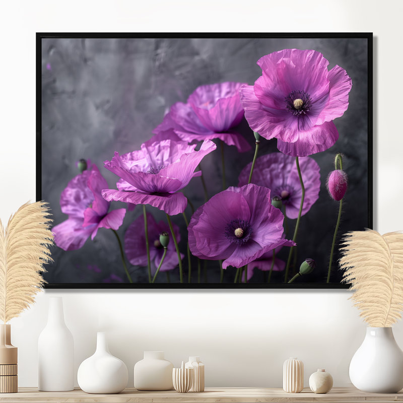 Impression sur toile mauve, gris et fragiles - Poppies, Toile avec cadre flottant noir, H 34 po x l 44 po x P 1,5 po