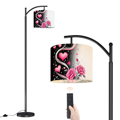 Lampe sur pied à arc avec roses roses, cœurs, étincelles, noir et blanc avec télécommande et lumières à DEL