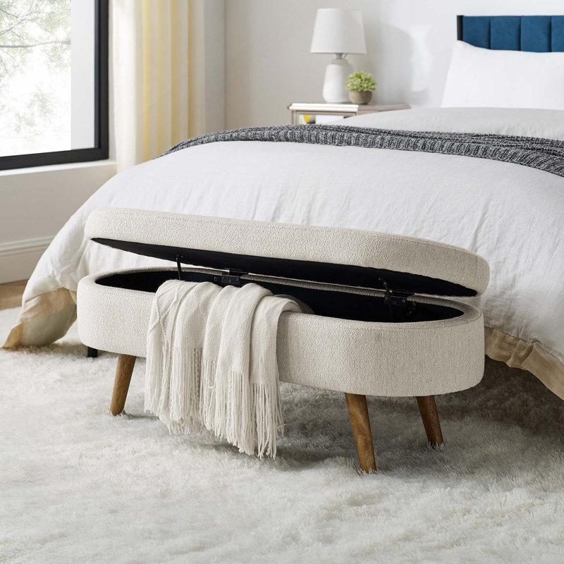 Banc de rangement repose-pieds ovale, pieds en bois d'hévéa, Bois, Beige