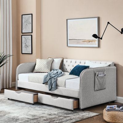 Lit de jour en lin beige avec lit gigogne extensible et rangement, capacité de rangement moderne pour le salon, chambre à coucher classique,