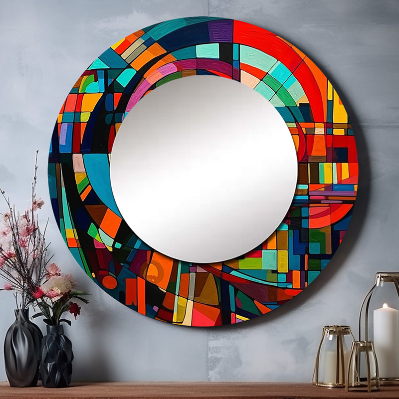 Sharvin Orange Force In Motion - miroir mural géométrique, miroir décoratif rond moderne, impression d'art en métal