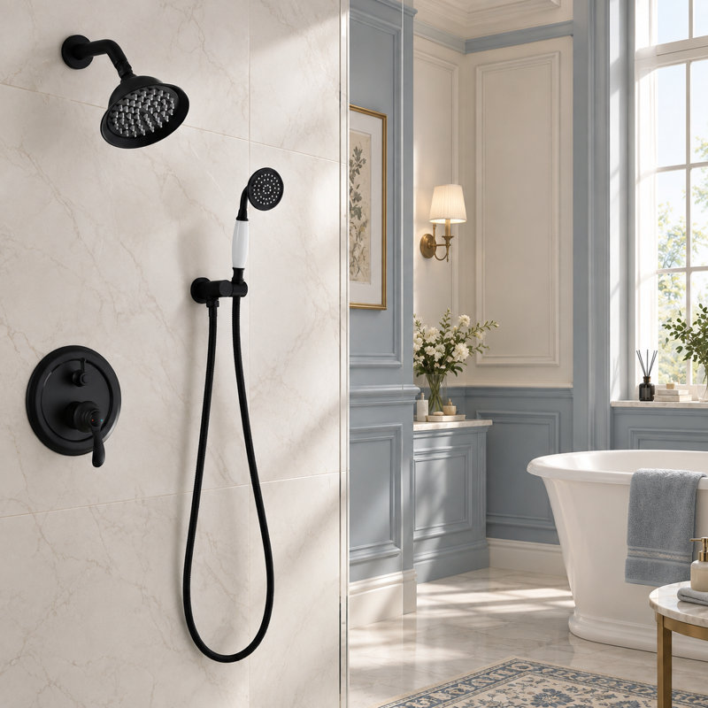 Vintage Shower System Round Rain Shower Head with Handheld Shower Classic Curved Shower Arm, Matte Black