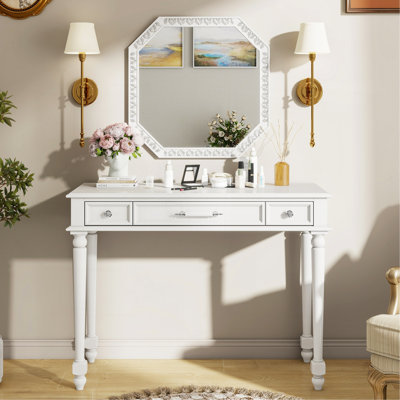 Retro Makeup Desk With Large Mirror, 3-Drawer Dressing Table For Jewelry Storage, Elegant Console Table For Bedroom, Living Room, Hallway & Foyer,White