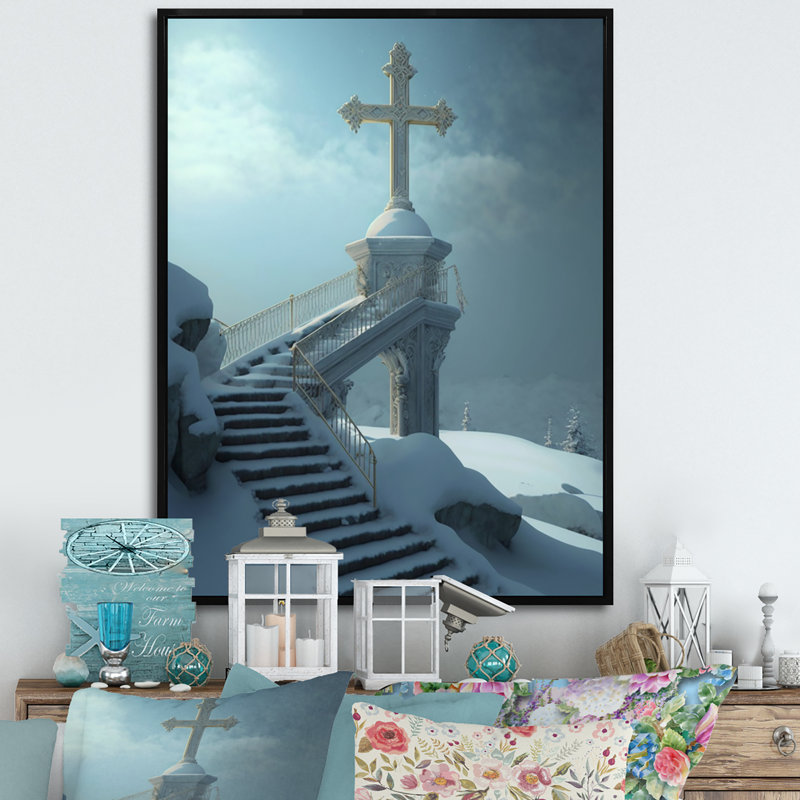 «Stairway to Heaven in Winter III», reproduction sur toile, L 30 po x H 40 po, Cadre flottant noir