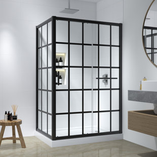 Cabine de douche rectangulaire coulissante simple encadrée avec barre à serviettes et panneau fixe Cyrus l 48 po x P 34 po x H 72 po