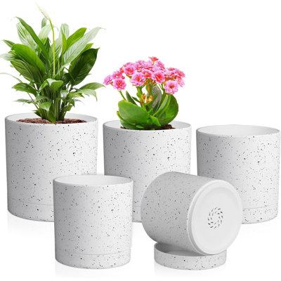 5 Pack Speckles White Plastic Plant Pots