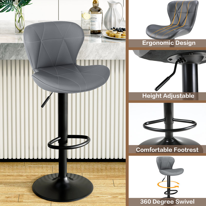 Bar Stools Set Of 2, Adjustable Pu Leather Swivel Barstools,counter Stools With Back And Footrest,counter Height Barstools For Bar, Kitchen,dining,entertainment Center,dark Grey