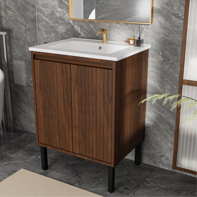 Meuble-lavabo 24 po avec lavabo blanc, construction, fixation au sol ou murale, meuble-lavabo à tiroirs à fermeture douce, installation double, panneau multicouche, lavabo lisse pour un nettoyage facile