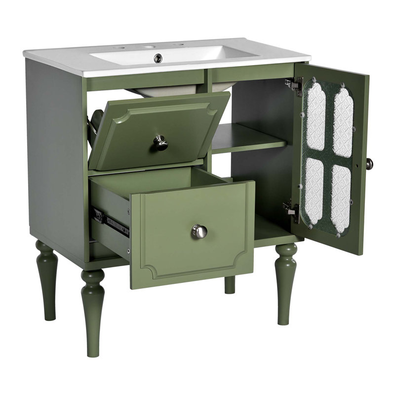 Meuble-lavabo de salle de bain de style rétro avec lavabo en céramique 30 po, meuble-lavabo simple autoportant avec 2 tiroirs, armoire de rangement en bois massif