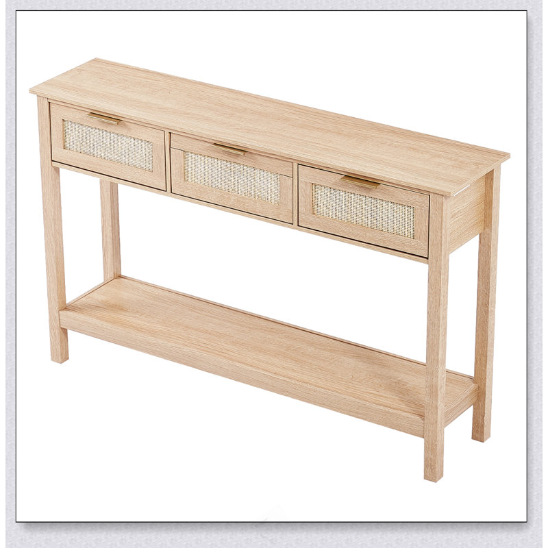 Console en rotin avec 3 tiroirs de rangement, table d'entrée en rotin avec porte coulissante en rotin naturel, table console pour salon, bureau, entrée ou mur de télévision
