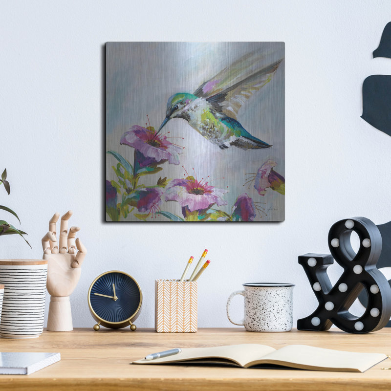 Art mural en métal «Hummingbird 2 Florals» par Jeanette Vertentes, H 12 po x l 12 po