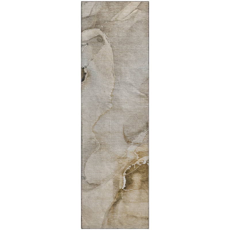 Beige Washable Synthetic Abstract Runner Rug 2'3" x 7'6"