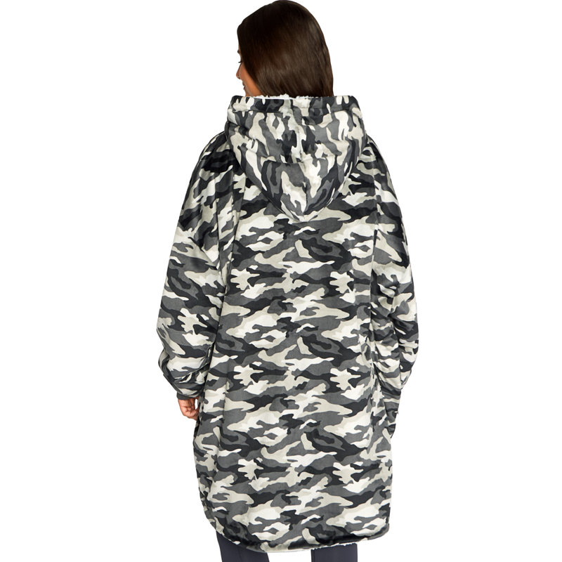 Couverture en sherpa à capuche portable, Camouflage - gris, Adulte