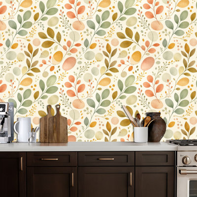 Peel and Stick Wallpaper Botanical Leaf Watercolor Soft Green Orange Beige Foliage Cream Contact Paper Removable Self Adhesive Wall Mural Wall Decor for Bedroom Kitchen Cabinets 24in x 118in