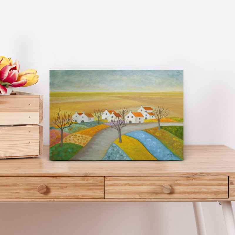 Peaceful Country Village, paysage abstrait rustique coloré, art mural, H 12 po x l 18 po