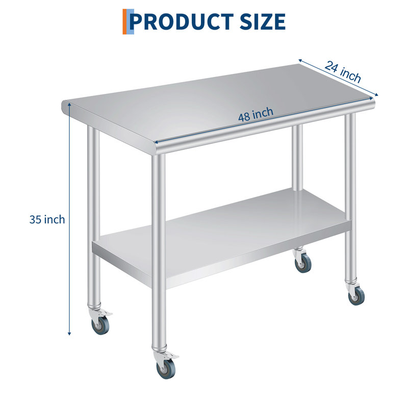 Table de préparation pour cuisine en acier inoxydable robuste, poste de travail utilitaire commercial avec dosseret réglable sous la tablette 4 roulettes pour le restaurant-barbecue de patio, 24 po x 48 po