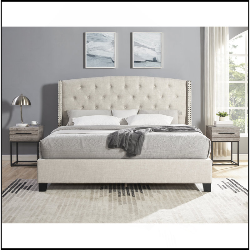 Ensemble de chambre à coucher rembourrée 3 pièces, lit à oreilles capitonné avec deux tables de chevet