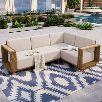 Wicker Patio Furniture Set Beige L-Shaped Modular Outdoor Sectional Sofa, 9.8 Inch Thick Cushions & Wide Armrests for Garden, Poolside & Backyard, Beige