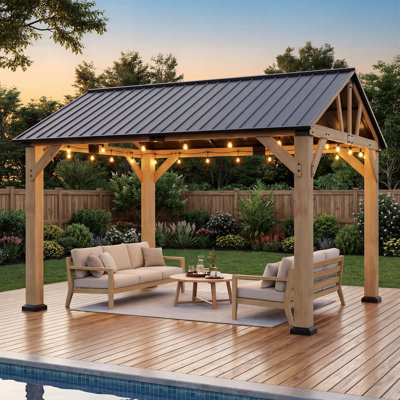 10' x 12' Outdoor Hardtop Gazebo, Cedar Wood Gazebo Permanent with Galvanized Steel Gable Roof, for Patio, Garden, Deck