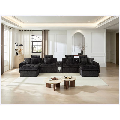 Canapé modulaire en laine d'agneau moelleux noir de 178,6 po, canapé d'angle surdimensionné en forme de L surdimensionné, siège moelleux et moelleux