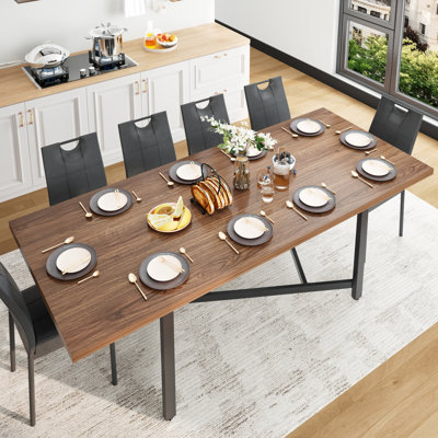 Table de salle à manger rectangulaire extensible de 168 à 218 cm de large pour 4 à 8 personnes, style campagnard, en bois, avec pieds en métal en forme de X, idéale pour le salon ou la salle à manger.