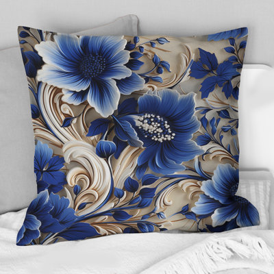 Cobalt Blue And White Victorian Floral Pattern III - Floral Printed Throw Pillow