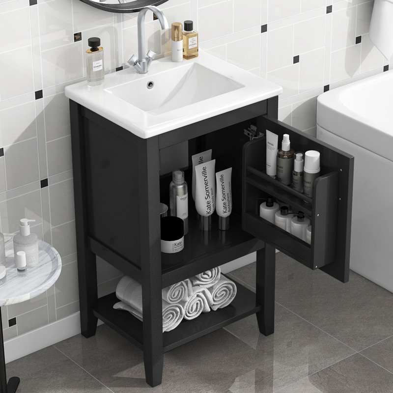  Meuble-lavabo simple 20 po avec plateau en céramique Basey, Noir, noir, noir, noir