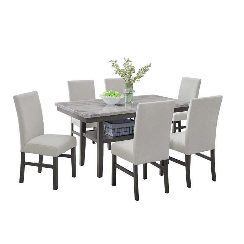 Selena 7-Piece 60" Rectangular Gray Dining Set With 6 Upholstered Chairs And Storage Shelf In Gray Finish
