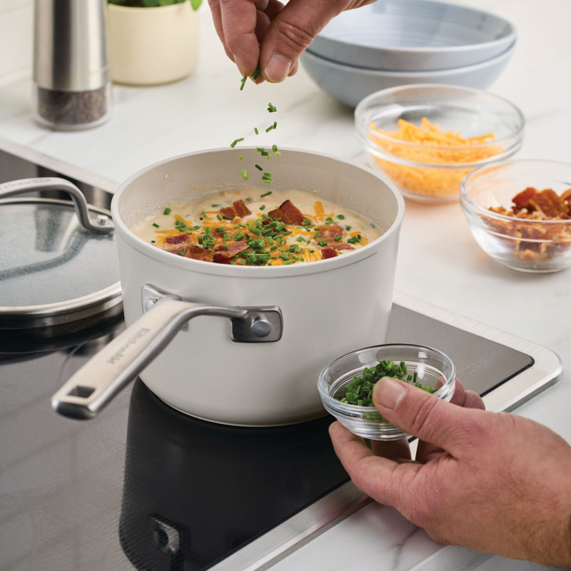 Kitchenaid Hard-Anodized Ceramic Induction Saucepan With Lid, 2-Quart, Agave, White