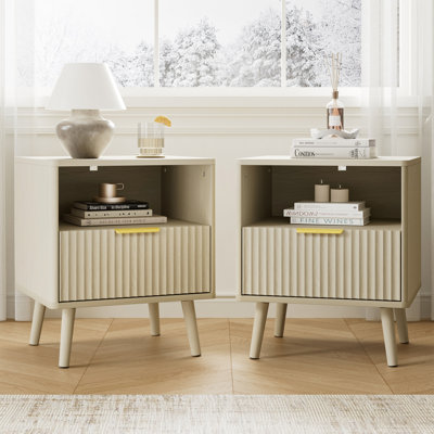 Fluted Nightstands Set Of 2, With Curved Profile Design, End Table W/Storage, Bedside Table For Bedroom, Living Room
