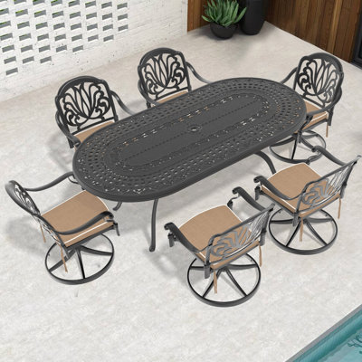 Ensemble de salle à manger 7 pièces en fonte d'aluminium toutes saisons, comprenant 6 chaises pivotantes et une table ovale avec cadre noir