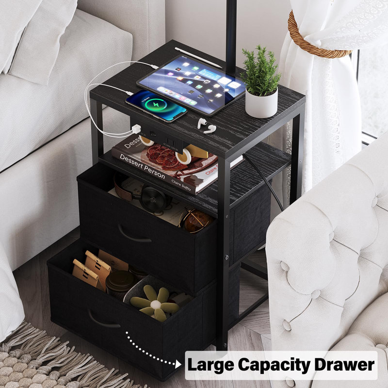 Modern Nightstand Lamp With Drawers, USB Ports, And AC Outlet, Versatile Bedside Table, Black