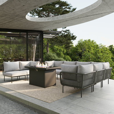 Ebern Designs 9 Pieces Aluminum Patio Furniture Set, Modern Modular Sectional Sofa with Fire Pit Table and Upgrade Thickness Cushion