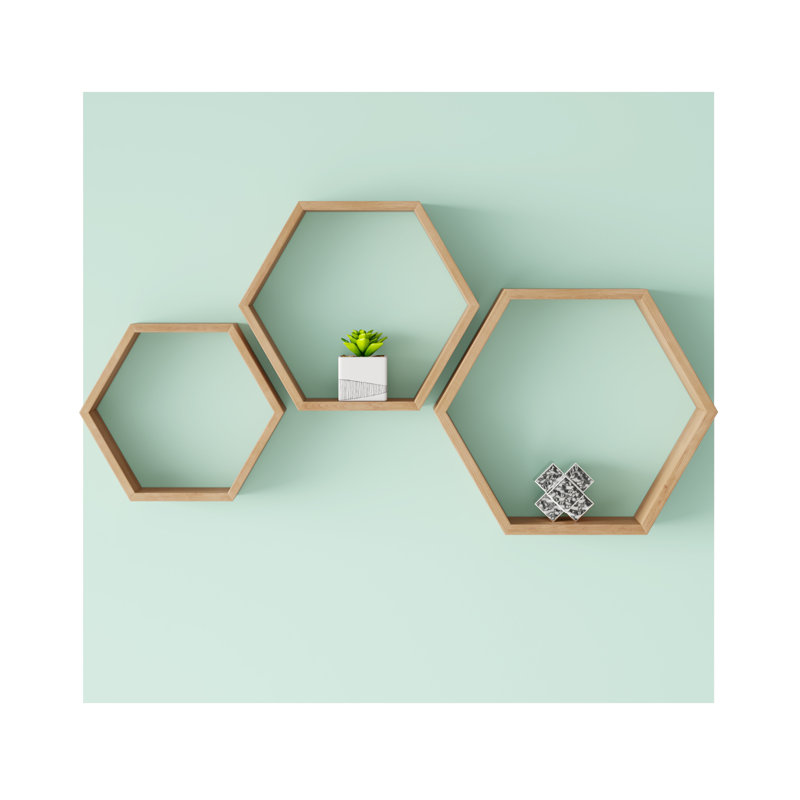 Universal Expert Abacus Hexagon Floating Shelves (3 Pieces), Small, Medium and Large, Oak