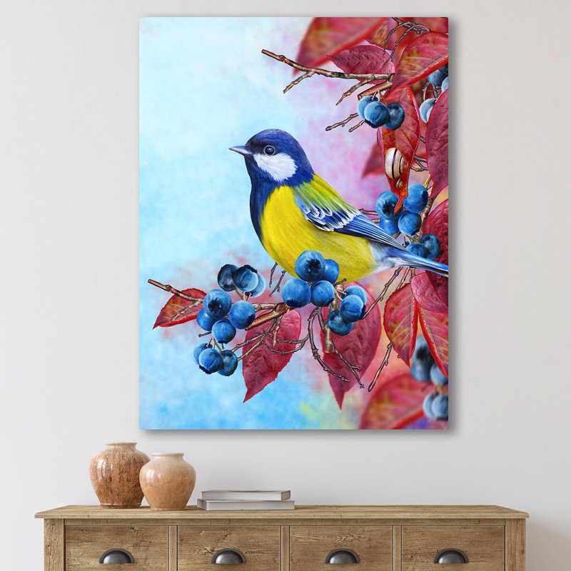 Bouvreuil lumineux assis sur une branche II - impression sur toile, H 20 po x l 12 po x p 1 po, Toile tendue