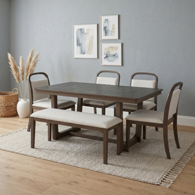 Ensemble de 6 tables de salle à manger pour 6 personnes avec table rectangulaire, banc et 4 chaises rembourrées