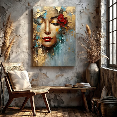 Abstrait, visage de femme texturé, portrait floral moderne, reproduction d'art sur toile, floral abstrait botanique abstrait rouge, décoration pour salon, chambre, bureau, couloir, galerie