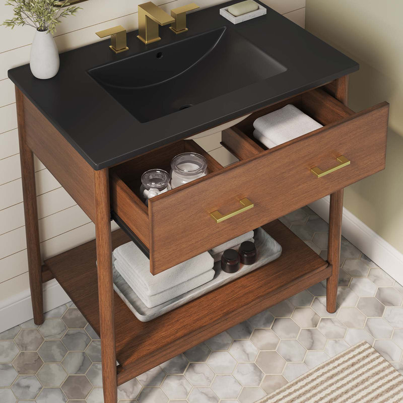 Modway Zaire 30'' Single Bathroom Vanity with Ceramic Top, Black, Walnut