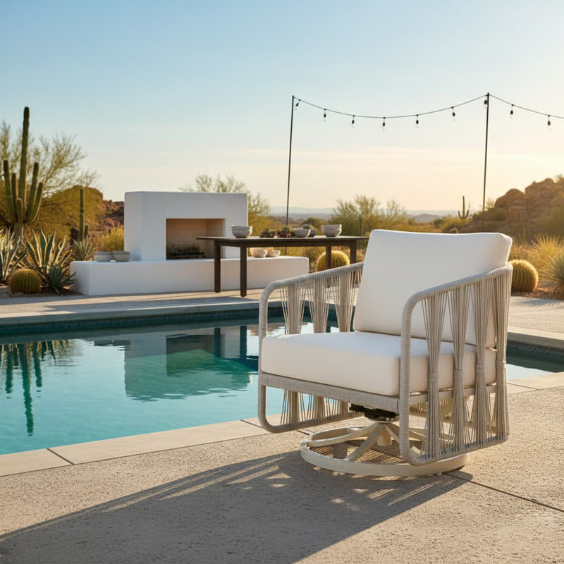 Chaise longue pivotante d'extérieur en métal crème avec coussins perle Scheer