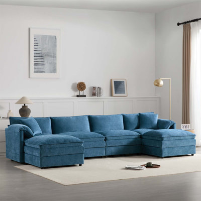 Canapé modulaire en chenille de 136 pouces avec sièges profonds et larges, ensemble de canapé en U en forme de U avec coussins doubles et repose-pieds mobile, idéal pour les salons et les appartements
