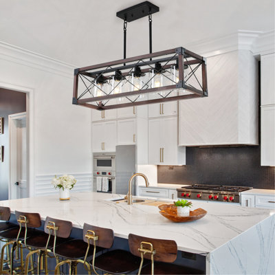 32" Wood Industrial Farmhouse Rectangle Pendant Light, 5-Light Chandelier with Lampshade for Dining Room, Kitchen Island, Cafe Decor (Bulbs Not Included)