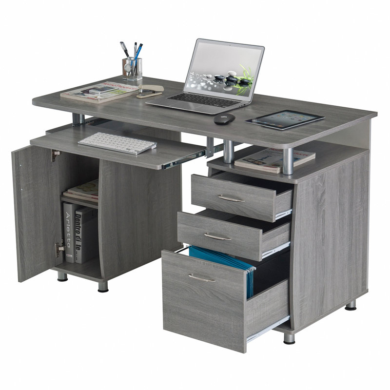 Bureau d'ordinateur complet avec rangement, Gris
