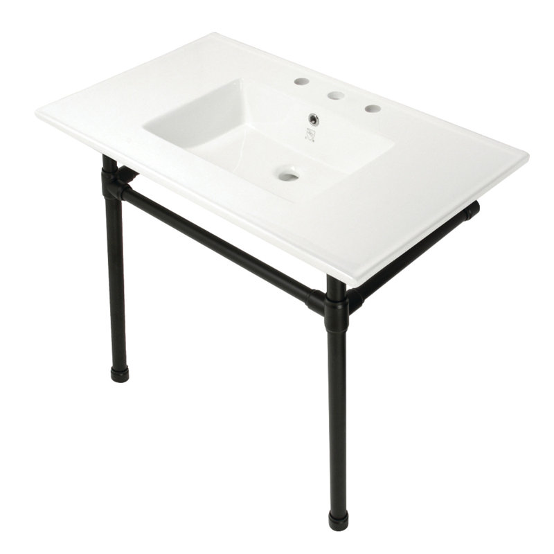 Dreyfuss Ceramic Rectangular Console Bathroom Sink with Overflow, White/Matte Black